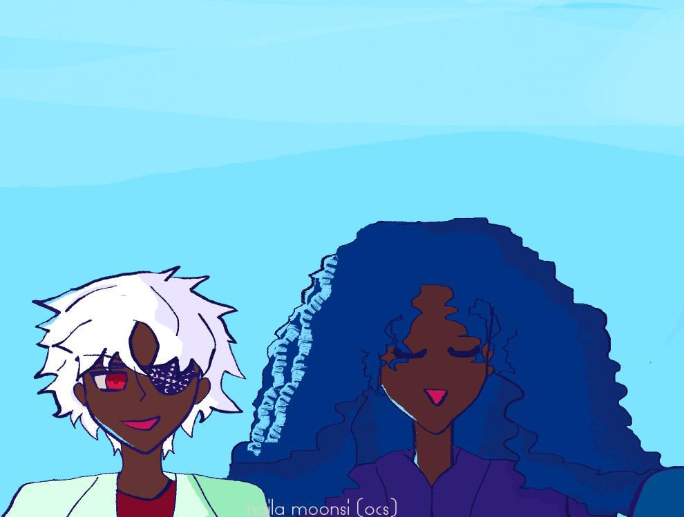 Layla has a red eye, eyepatch, and an odd smile going, is dark brown with wavy white-silver anime hair. She wears a light green suit with green shadow, and a red shirt. Alia is also dark brown, has falling anime ocean blue curls, with a noticeable aqua highlight. She's smiling to herself and wears a blue-violet coat.