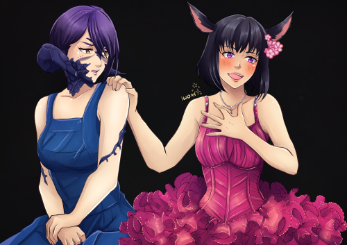 Commission for @dynamite124 ^-^Their FFXIV OC’s Akico (pink dress) and their girlfriend’s (@megashin