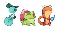 zestydoesthings: Tried my hand at doing some “reboot” designs of the original starter Pokemon! These designs all have a basis in Japanese mythology, to suit the setting of the first game. Too much fun!