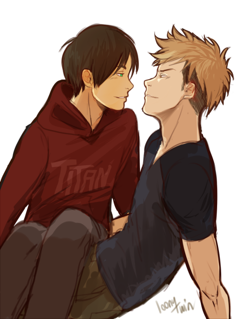 loonytwin:eren: nervous..?jean: ha, you wish… (he totally is)—something i should’ve finished months ago with messy coloring;; i cant escape jeaneren 