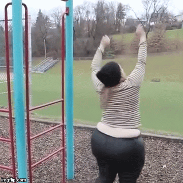 brendakthedonutgirl:blubberjigglerone:  reblogslog:  Big Cutie Margot   How adorable. Cute little butterball trying to grab those bars but….we all know if tubby were to jump that high and grab them, the weight of that ginormous ass would immediately