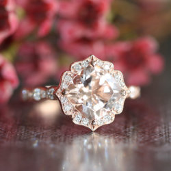 ringscollection:  14k Rose Gold Vintage Floral Morganite Engagement Ring Scalloped Diamond Wedding Band 8…:  This vintage inspired morganite engagement ring features a 8x8mm cushion cut natural pinkish peach morganite crafted in a solid 14k rose gold