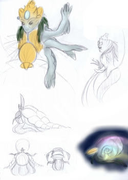 rebexorcist:  Ideas for a Nacre. I’m not really feeling the colours. The “human” body is almost there but not quite, I think. It’s a start anyway!She’s massive, floating around like a space ship in a cloud of nebulous dust that twinkles with