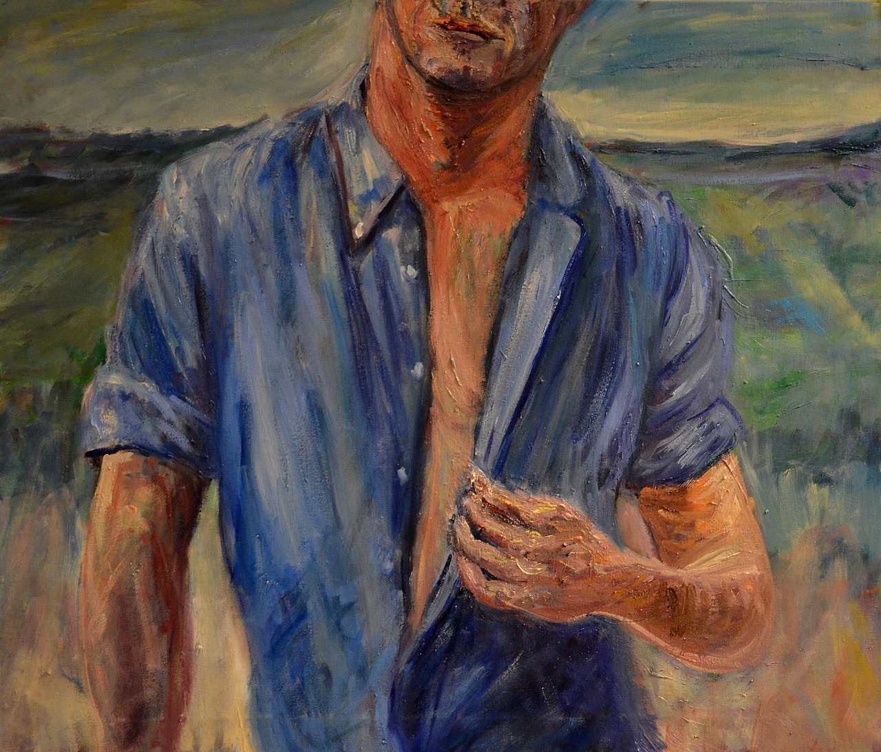 stevendag: the blue shirt oil painting on canvas 2012-17 50 x 60 cm by Steven Dag