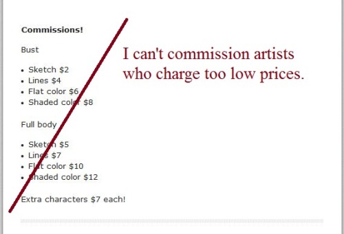 xantouke:  fireandshellamari:  painted-bees:  artist-confessions:  Really low prices make me less likely to commission an artist.Me: I’m not an artist. I do commission artists - I spend around 跌-600 a month on digital art commissions.I sometimes