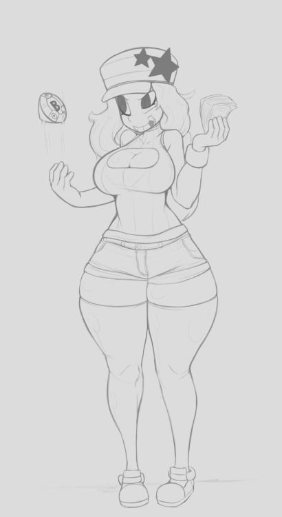 xopachi:  This was my trainer in Pokemon X before I gave that trash to my friend, but I did like the clothes I gave her.  I tried coloring this and didn’t like it. She has tan skin with white pants/hat, and black everything else. I imagine she laughs