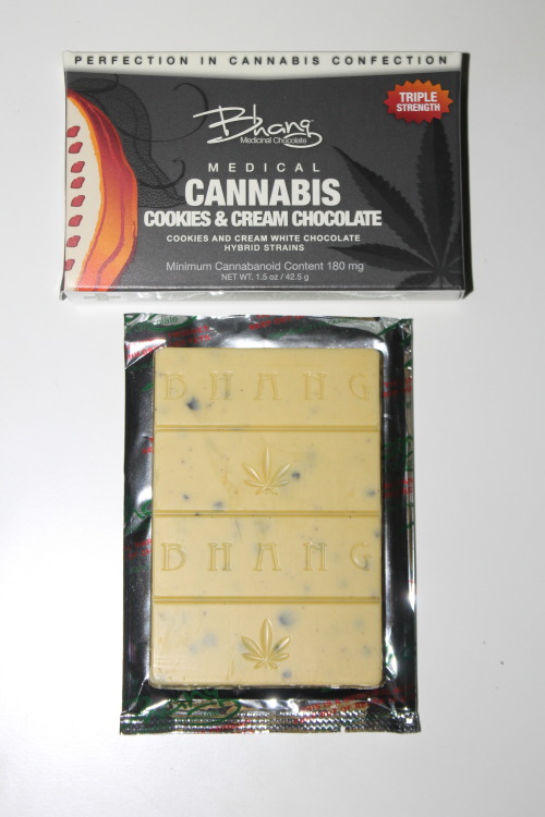 whospilledthebongwater:  purloiner:  Bhang Triple Strength Cookies and Cream White Chocolate.   fucking need