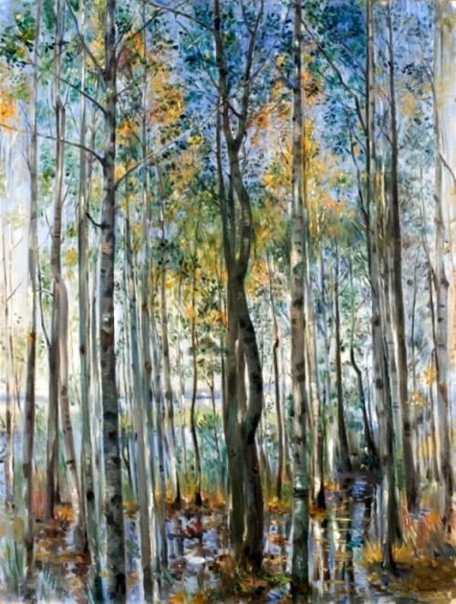 huariqueje:   A Forest. Flooding on Lake Starnberg  -    Lovis Corinth, 1896 German,1858-1925 Oil on canvas,   80 × 60 cm (31.5 × 23.6 in)   