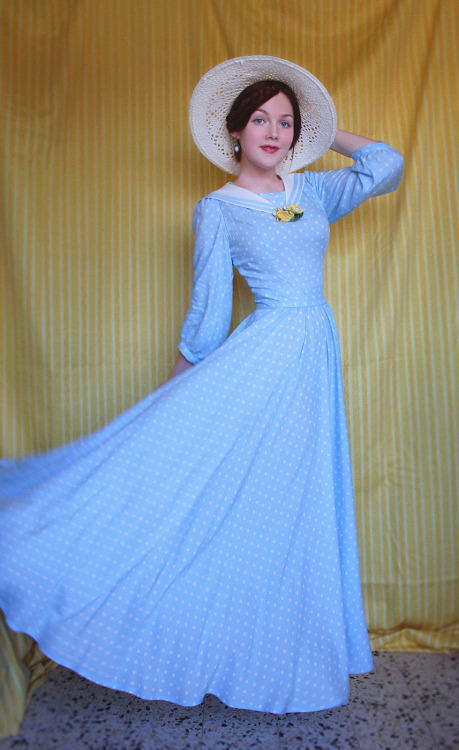 Sky-blue dress, a-la 50&rsquo;s with sailor’s collar. Viscose 100%Handsewn by Rebecca ShtulmanModel: