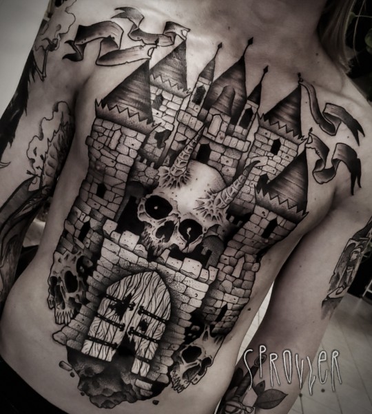 Burning Castle Traditional Tattoo - Tattoo Abyss Montreal