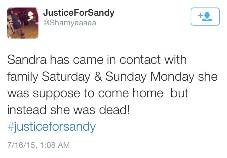 goldwomyn:Tweets from the cousin of Sandra Bland.   Say her name • black lives