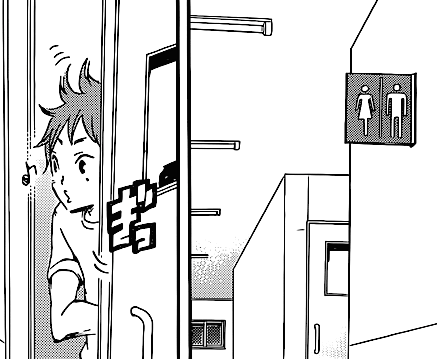asskawa:  The bathroom at the little camp they stayed at near Tokyo was the safest bathroom Hinata was able to enter and exit. 