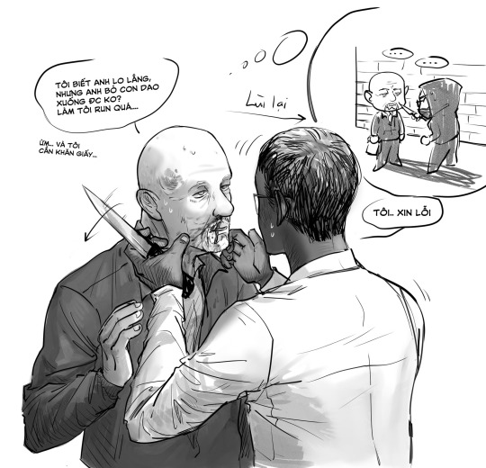 its-alexholden:Mike/Gus doodle G: “Who did this to you?”M: “I just got mugged, please calm down…” Mike got mugged on his way back from picking up dead-drops. Nothing was lost :P 