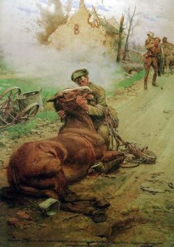 greatwar-1914:  “Goodbye, Old Man.”  Depicting a distraught British cavalryman saying farewell to his dying horse, this painting was done by Italian artist Fortunino Matania to raise awareness for the Blue Cross, a British animal charity which aided