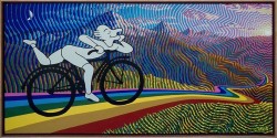 billtavis:  commission painting 2019, acrylic on canvas, 72″x36″.Inspired by the famous blotter art of Albert Hoffman on his bicycle. The seven colors in the rainbow and the black and white on the character are what I used to fill in the rest of the