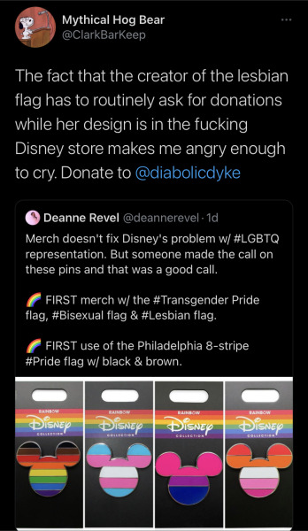 neolesbian:so disney is using emily gwen’s lesbian pride flag with no compensation, and she’s still in need of money. i implore anyone who cares at all about the lgbt community to donate to her instead of paying for fucking mickey mouse pinsAbout