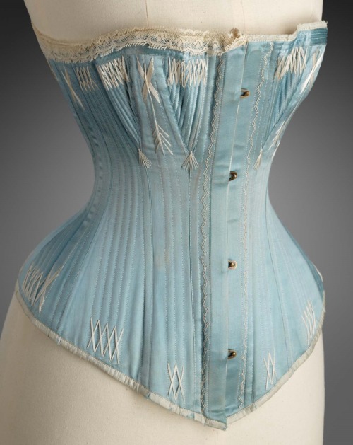 Light blue silk corset with flossing, 1870-1885.Accession number: 2013.616 Museum of Fine Arts, Bost