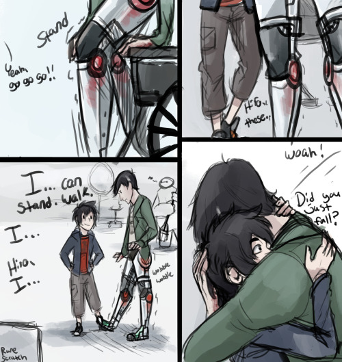 runescratch:  More for the armordashi AU.  Hiro is practically inseparable from Tadashi after they finally get him home from the hospital, often times just lazing around on him in his wheelchair and letting Tadashi roll them both around, sleeping where