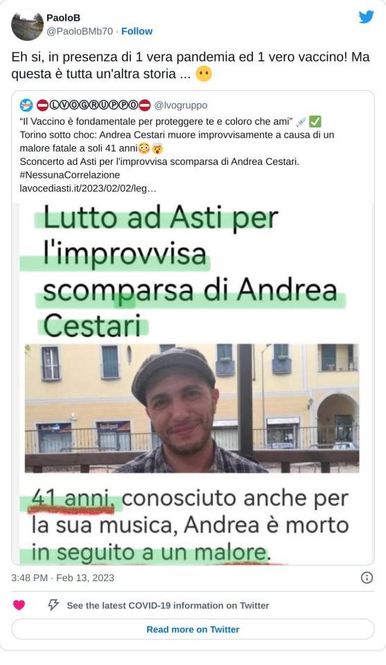 Eh si, in presenza di 1 vera pandemia ed 1 vero vaccino! Ma questa è tutta un'altra storia ... 😶 https://t.co/f1Ff5TSjBZ  — PaoloB (@PaoloBMb70) February 13, 2023