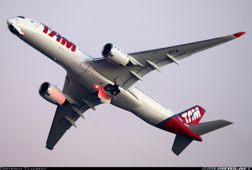 The first A350 for TAM performing a nice go around at dusk just before completing its first flight. 