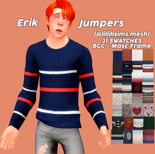 Erik Jumpers (BGC, Masc Frame)Some cute jumpers for your sims.BGCMasc frameEA Mesh edit by @liliili-