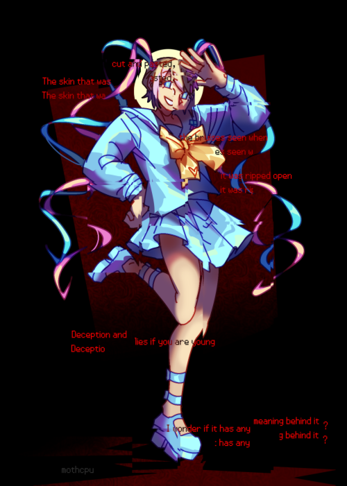 Digital fullbody drawing of KAngel from Needy Streamer Overload, a young woman wearing a bluish holographic outfit with a large yellow bow on the front, similar in style to a Japanese sailor suit uniform. Her hair is blonde, with long blue and pink twin tails that wrap around one another. She's posing with one of her legs up, one hand is on her hip and the other is in a salute, and she's smiling at the camera. Parts of her are copy-paste overlayed over one another, and lyrics from Cubism by Sasuke Haraguchi are written over her in red text. The background is black, with a dark red box and a halo behind her.