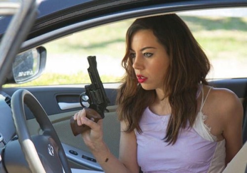 gunsknivesgear:  coffeeandspentbrass:swift-of-feet:Aubrey Plaza with a big revolver is my spirit animal.  Yes, yes this is good.  But her hand is too low on the grip…