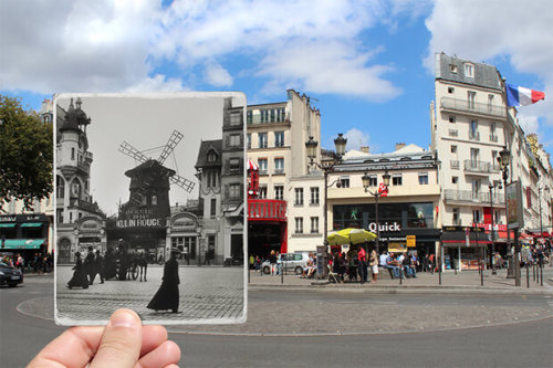 thecreativejungle:    El fotógrafo estadounidense Julien Knez utiliza antiguas fotografías de París para crear esta megnífica mezcla del pasado y el presente de la ciudad.   