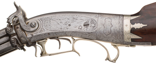 peashooter85:Elaborately Engraved and Inlaid Four Barrel Swivel Breech Percussion Combination Gun by