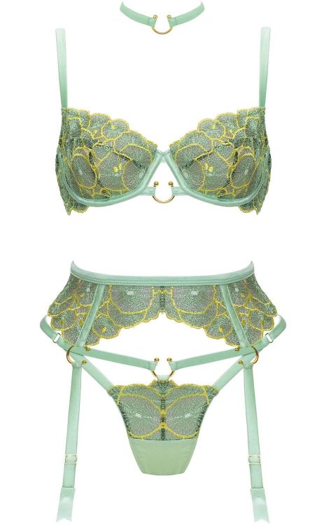 martysimone:  Studio Pia | Vida • in silk + embroidered tulle in shades of sage and chartreuse + 24k gold plated hardware + Clea silk collar