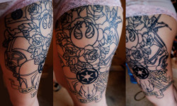 fuckyeahtattoos:  “Death Before Dishonor” Star Wars thigh tattoo A Christmas Present to myself Done be Tom Kenney at Classic Electric Tattoos in Frederick, MD Can’t wait to get it finished.