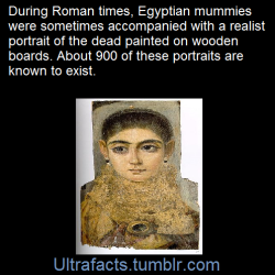 ultrafacts:    Mummy portraits or Fayum mummy portraits (also Faiyum mummy portraits) is the modern term given to a type of naturalistic painted portraits on wooden boards attached to mummies from the Coptic period. They belong to the tradition of panel