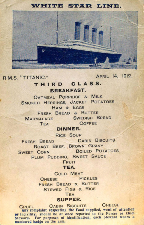 Dinner Menu of the RMS Titanic, April 14th, 19121st ClassHors d’Œuvre VarièsOystersConsommé Olga    