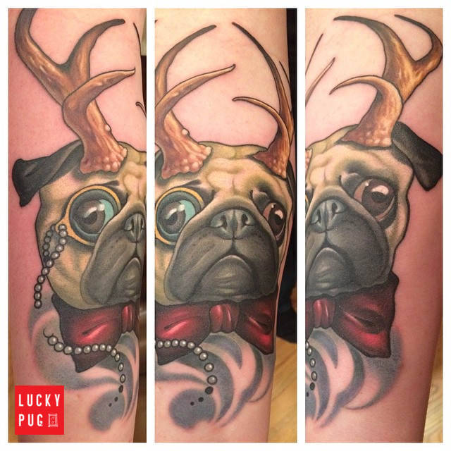 luckypugtattoos:  Arm Pug Tattoo on Joe Meyer, by Timmy B of Niteowl Tattoo, Northampton,