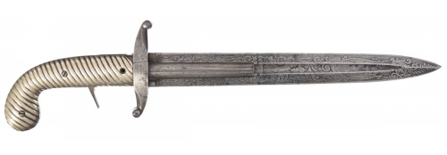 Unique 18th century percussion double barrel dagger pistol with etched blade.Sold At Auction: $2,750