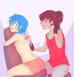 cosmic-artsu:  Sloppy doodle of fem!Mizuki finishing up a Moon Crisis Compact tattoo on fem!Aoba. Idk I just really felt like some fem!mizuao. (´▽`ʃƪ)