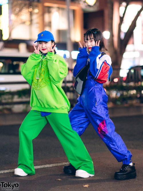 Japanese teens Mai and Saya wearing colorful fun styles on the street in Harajuku with items from Ke