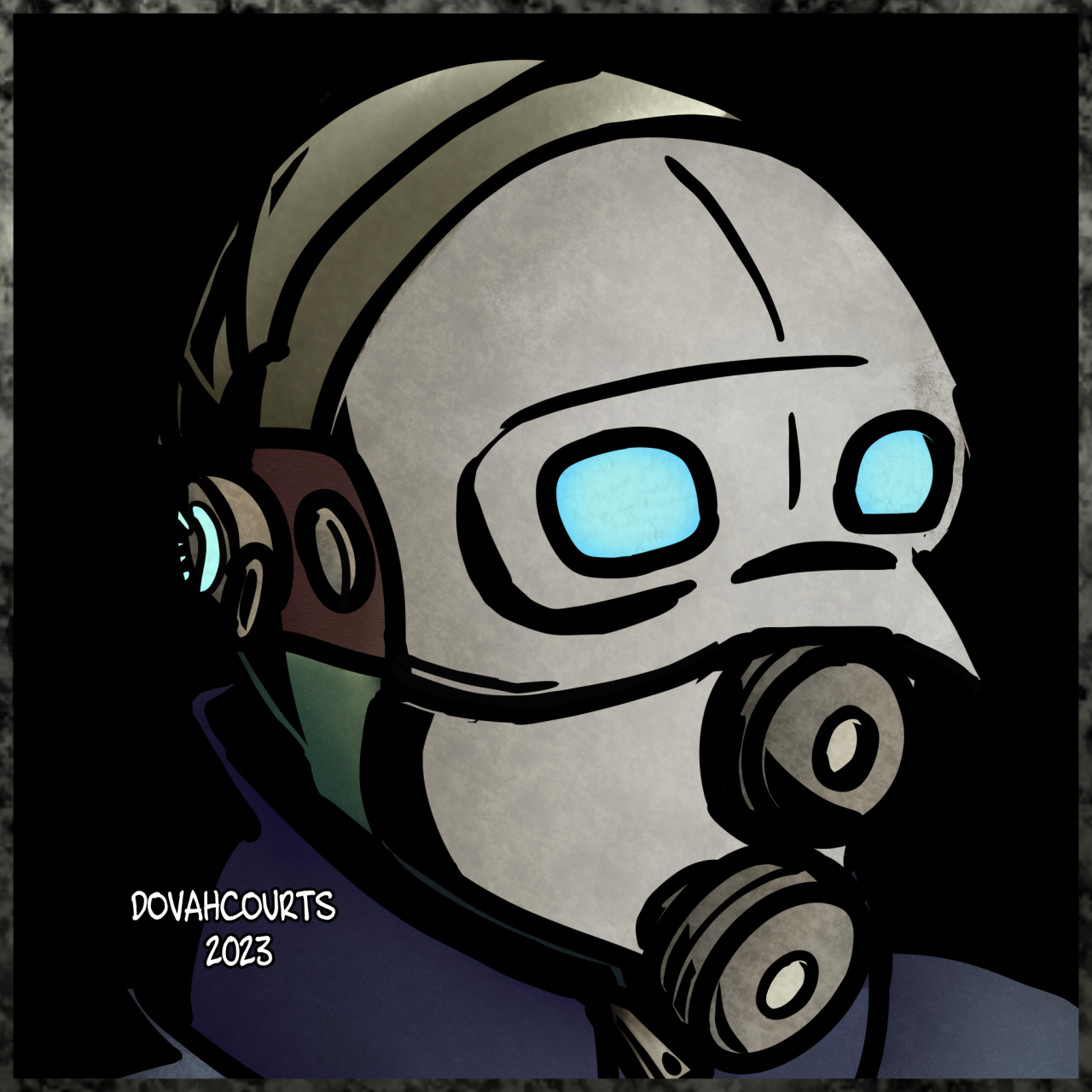 a Darkest Dungeon icon style drawing of Victor-60 from Entropy Zero Uprising, he is wearing a gas mask with both of eyes glowing along with the head piece