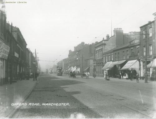 Oxford Road, Chorlton-on-Medlock 1902 cabetween Clifford Street and Booth Street East, looking towar