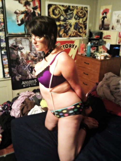 pet-after-dark:  prince-of-the-dawn:  Puppy’s back with a brand new hogtie! She’s also wearing the c