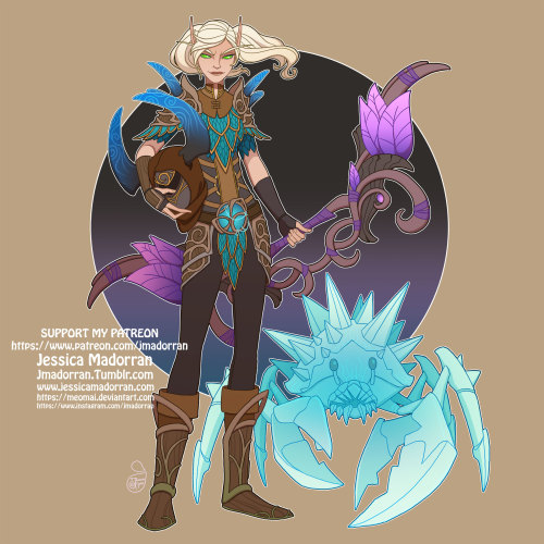 A commission for a client of their World of Warcraft hunter character, Morven, and their pet crab, K