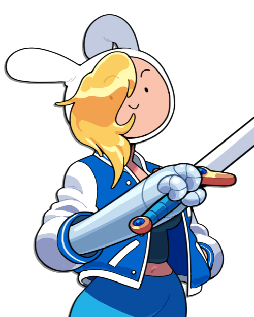 Fionna the Human grins at the camera, wearing a varsity jacket and showing off a robotic arm holding a simple sword.