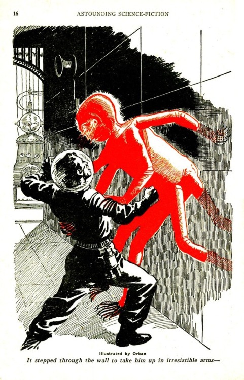 “It stepped through the wall to take him up in irresistable arms—”Illustration by Paul Orban for Dis