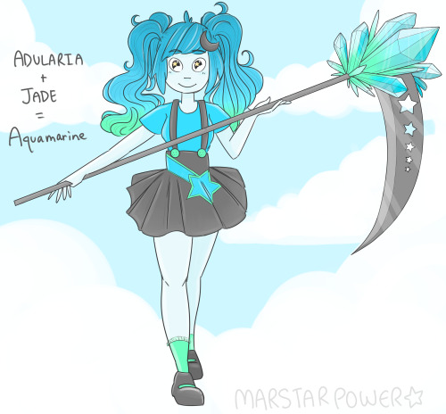 So I think my gemsona (moonstone) and my friend’s gemsona (Jade) fused together would make Aqu