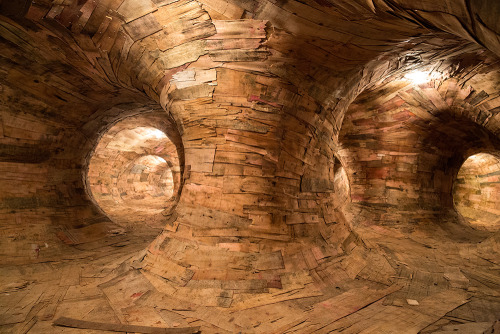 littlelimpstiff14u2:  Artist Henrique Oliveira Constructs a Cavernous Network of Repurposed Wood Tunnels at MAC USP Brazilian artist Henrique Oliveira (previously) recently completed work on his largest installation to date titled Transarquitetônica