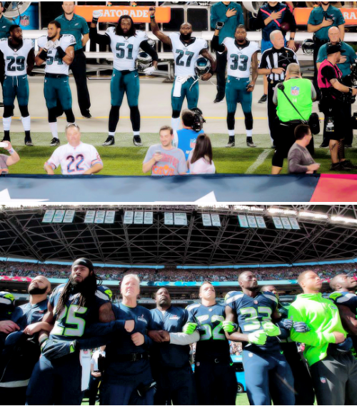 striveforgreatnessss:Players across NFL kneel or raise their fists during the playing of the national anthem before their games to draw attention to police brutality against minorities and spur conversations about social justice. 