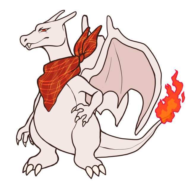 An albino charizard with a red plaid scarf on its neck. 