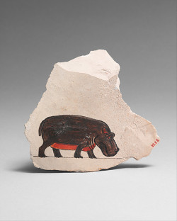 coolartefact: Limestone ostracon with image of a hippopotamus. Thebes, Egyptian, New Kingdom, 18th dynasty, 1479 - 1425 BC.  Source: https://imgur.com/oGdH3dU 