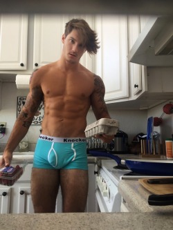 alunmabon: When he’s wandering the kitchen almost naked planning breakfast and all I can see is his beauty and the ridge of his cock in his briefs and I want to kiss him and suck him …