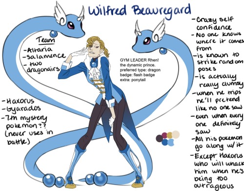 Some doodles of my new gym leader OC Wilfred Beauregard from the trend that was flying around twitte